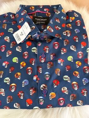 Maceoo Men's 2XL Blue Skull Helmet Print Button-Down Long Sleeve Shirt NWT